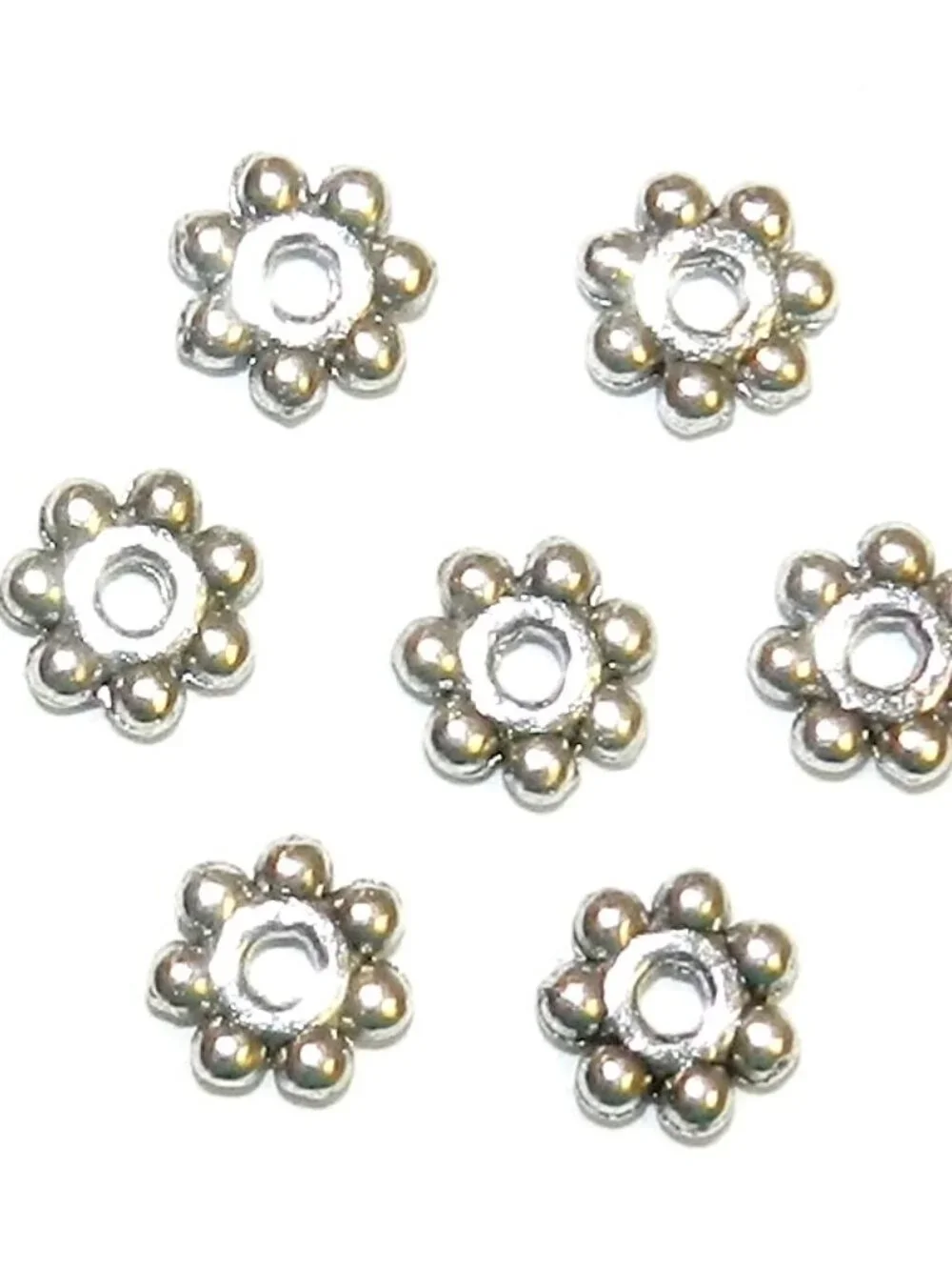 MB7314 Antiqued Silver 4mm Round Dotted Daisy Flower Rondelle Metal Bead 50pc